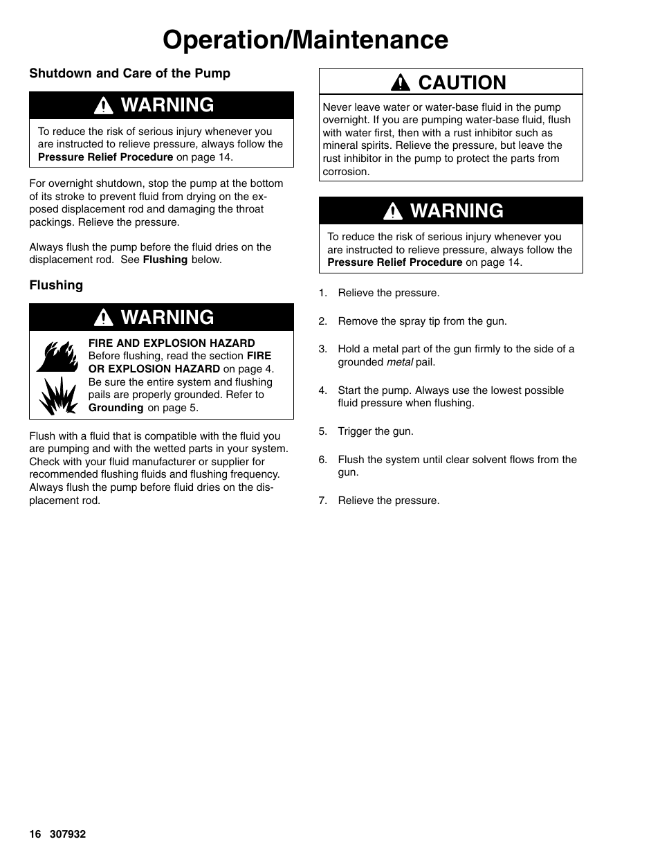 Operation/maintenance, Warning, Caution | Graco Bulldog 245187 User Manual | Page 16 / 22