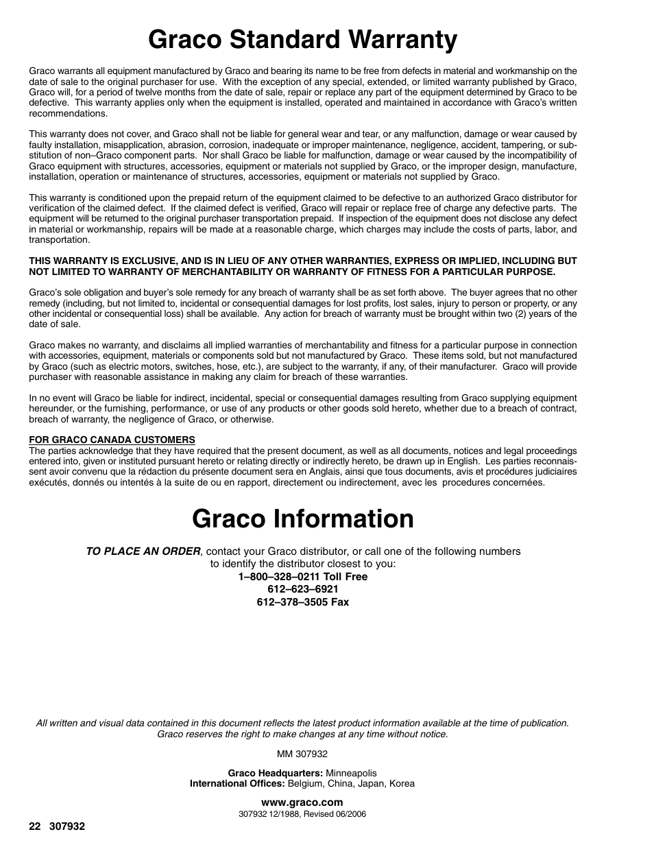 Graco standard warranty, Graco information | Graco Bulldog 245187 User Manual | Page 22 / 22