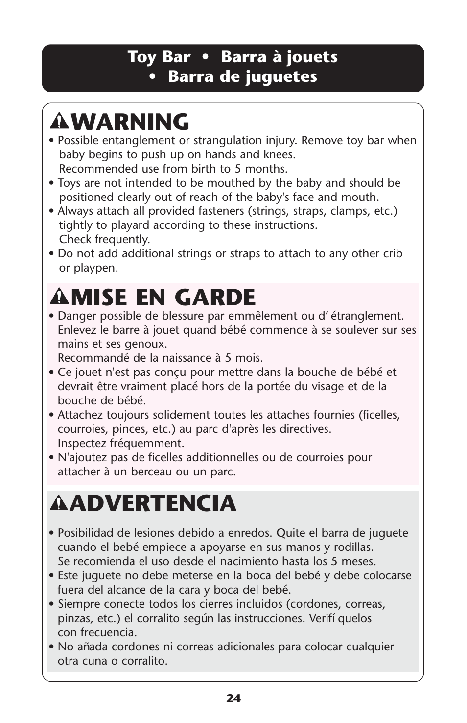 Advertencia, Warning, Mise en garde | Toy bar • barra à jouets • barra de juguetes | Graco Pack 'n Play 9351RSH User Manual | Page 24 / 28