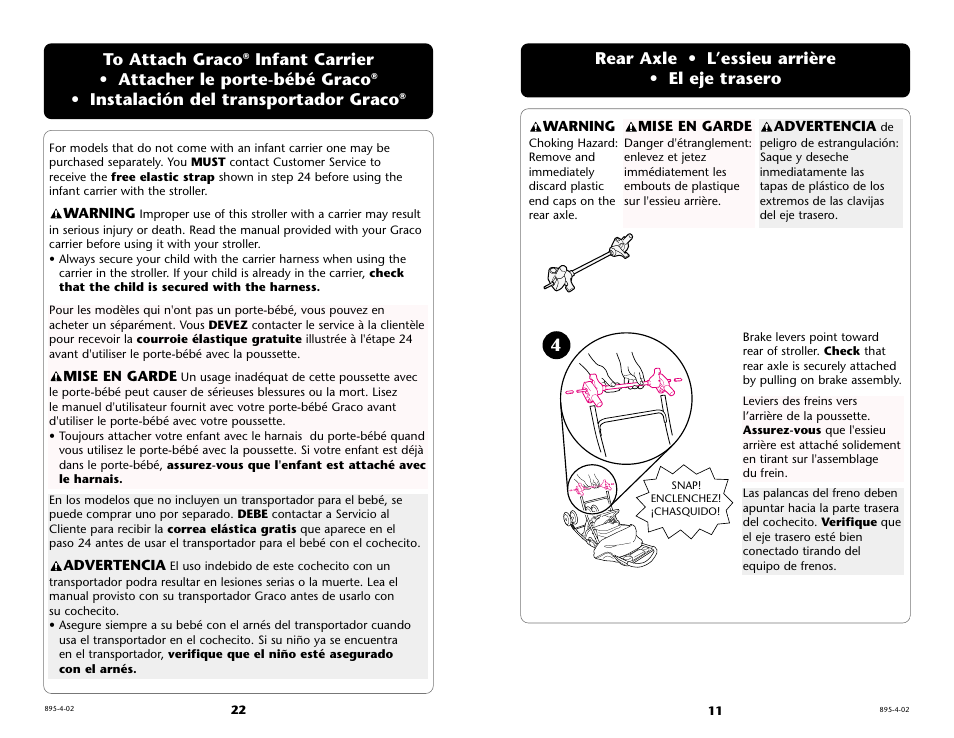 Infant carrier • attacher le porte-bébé graco, Instalación del transportador graco, Rear axle • l’essieu arrière • el eje trasero | Graco 6974 User Manual | Page 11 / 32