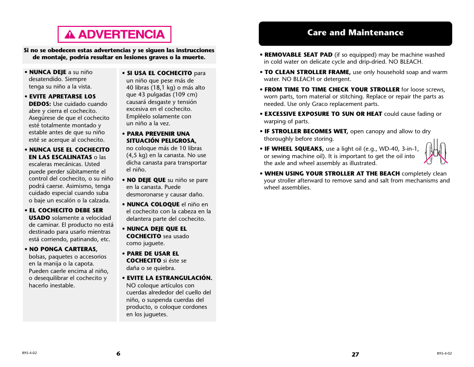 Care and maintenance | Graco 6974 User Manual | Page 6 / 32