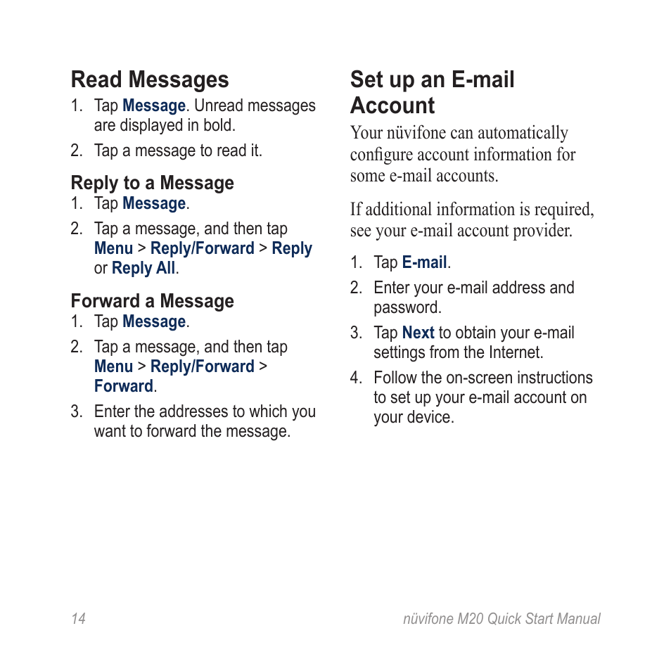 Read messages, Reply to a message, Forward a message | Set up an e-mail account | Graco NVIFONE M20 User Manual | Page 14 / 28
