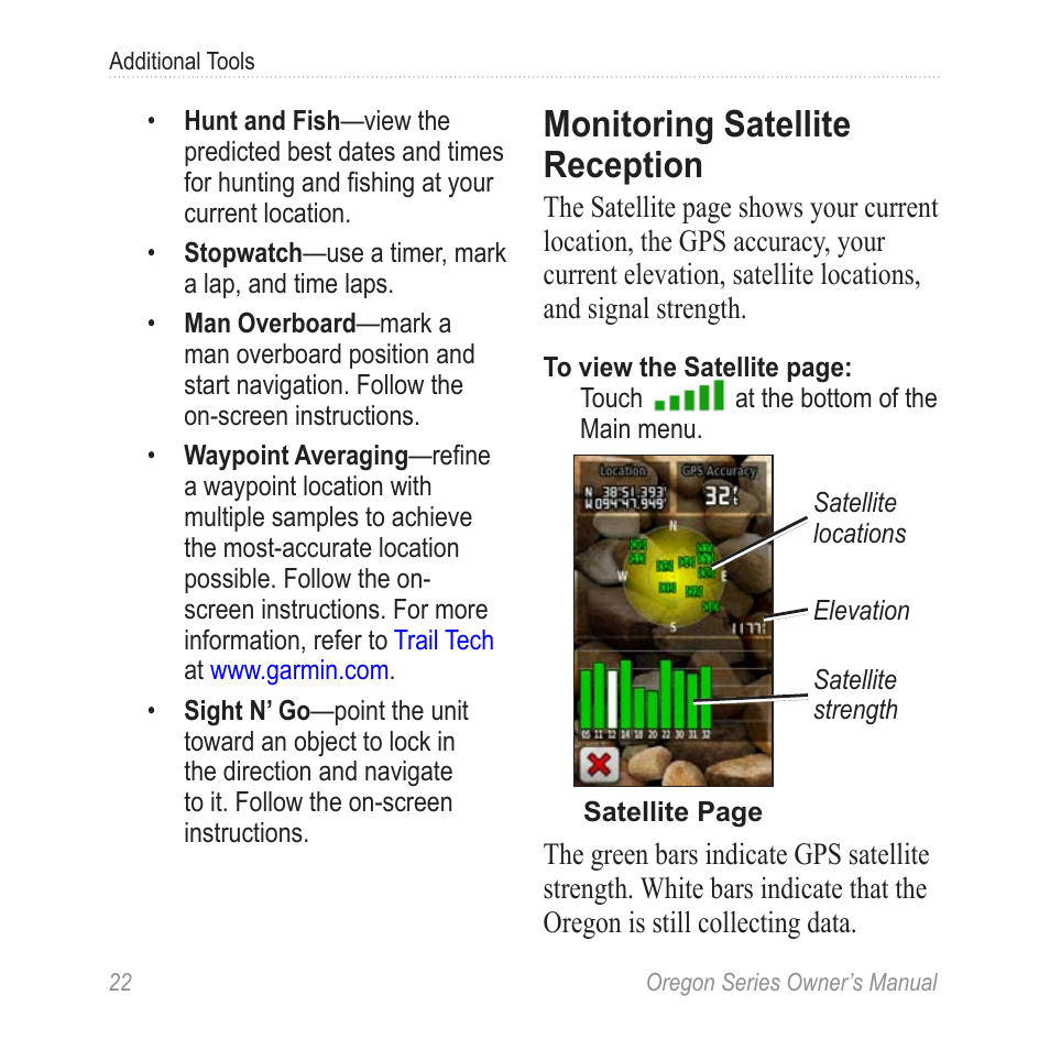 Monitoring satellite, Reception, Monitoring satellite reception | Garmin Oregon 450 User Manual | Page 28 / 52