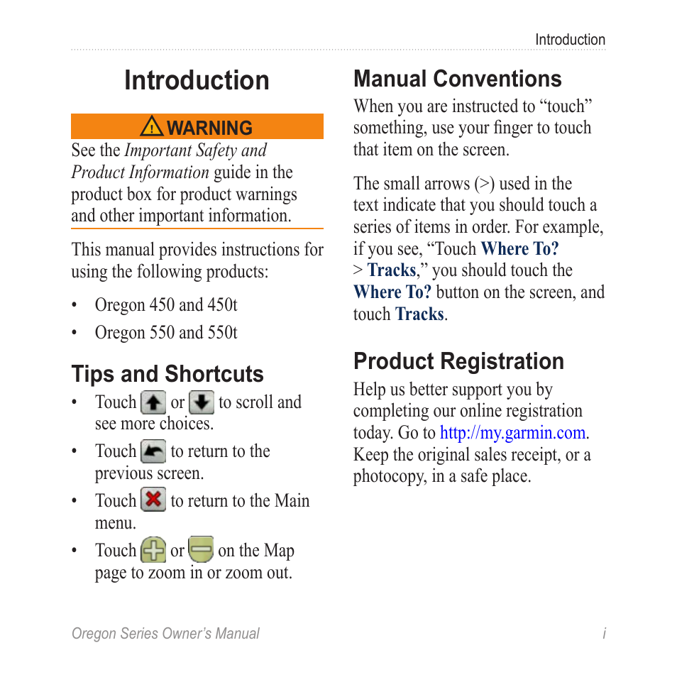 Introduction, Tips and shortcuts, Manual conventions | Product registration | Garmin Oregon 450 User Manual | Page 3 / 52