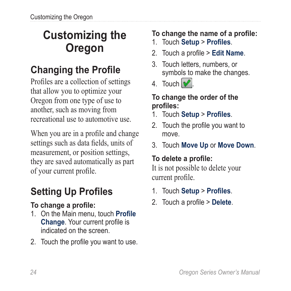 Customizing the oregon, Changing the profile, Setting up profiles | Garmin Oregon 450 User Manual | Page 30 / 52