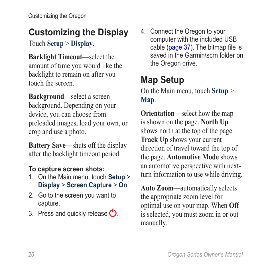 Customizing the display, Map setup | Garmin Oregon 450 User Manual | Page 32 / 52