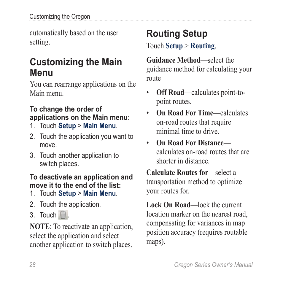 Customizing the main menu, Routing setup | Garmin Oregon 450 User Manual | Page 34 / 52