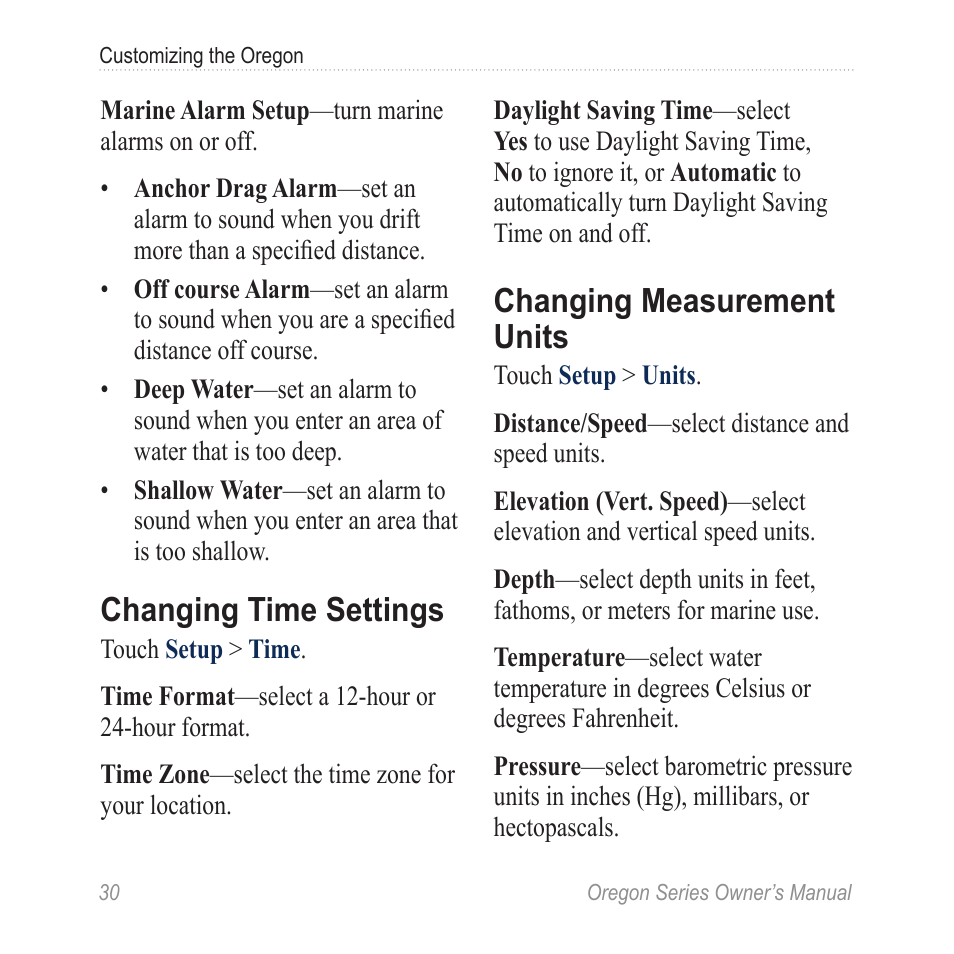 Changing time settings, Changing measurement, Units | Changing measurement units | Garmin Oregon 450 User Manual | Page 36 / 52