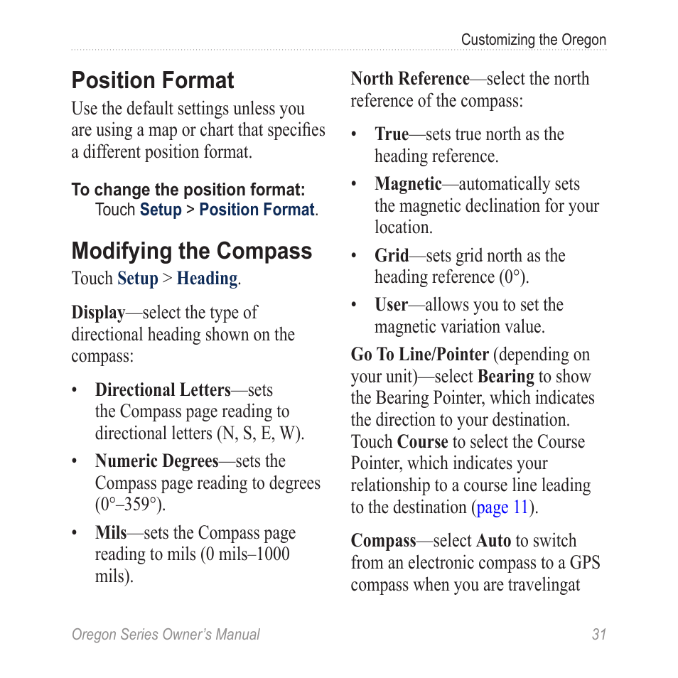 Position format, Modifying the compass | Garmin Oregon 450 User Manual | Page 37 / 52