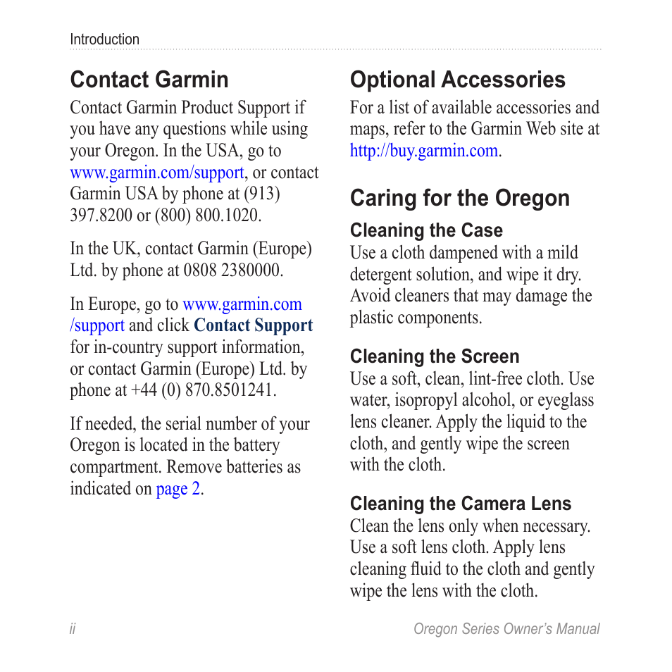 Contact garmin, Optional accessories, Caring for the oregon | Garmin Oregon 450 User Manual | Page 4 / 52