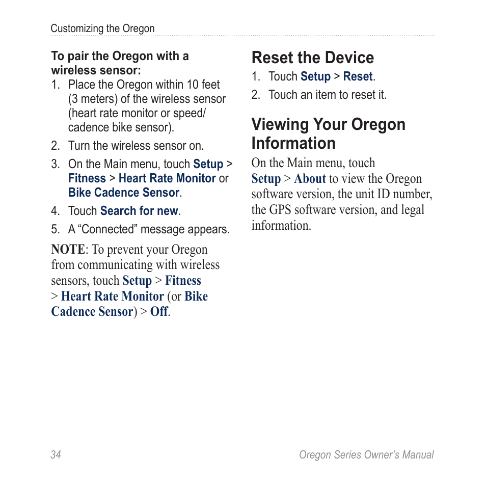 Reset the device, Viewing your oregon, Information | Viewing your oregon information | Garmin Oregon 450 User Manual | Page 40 / 52