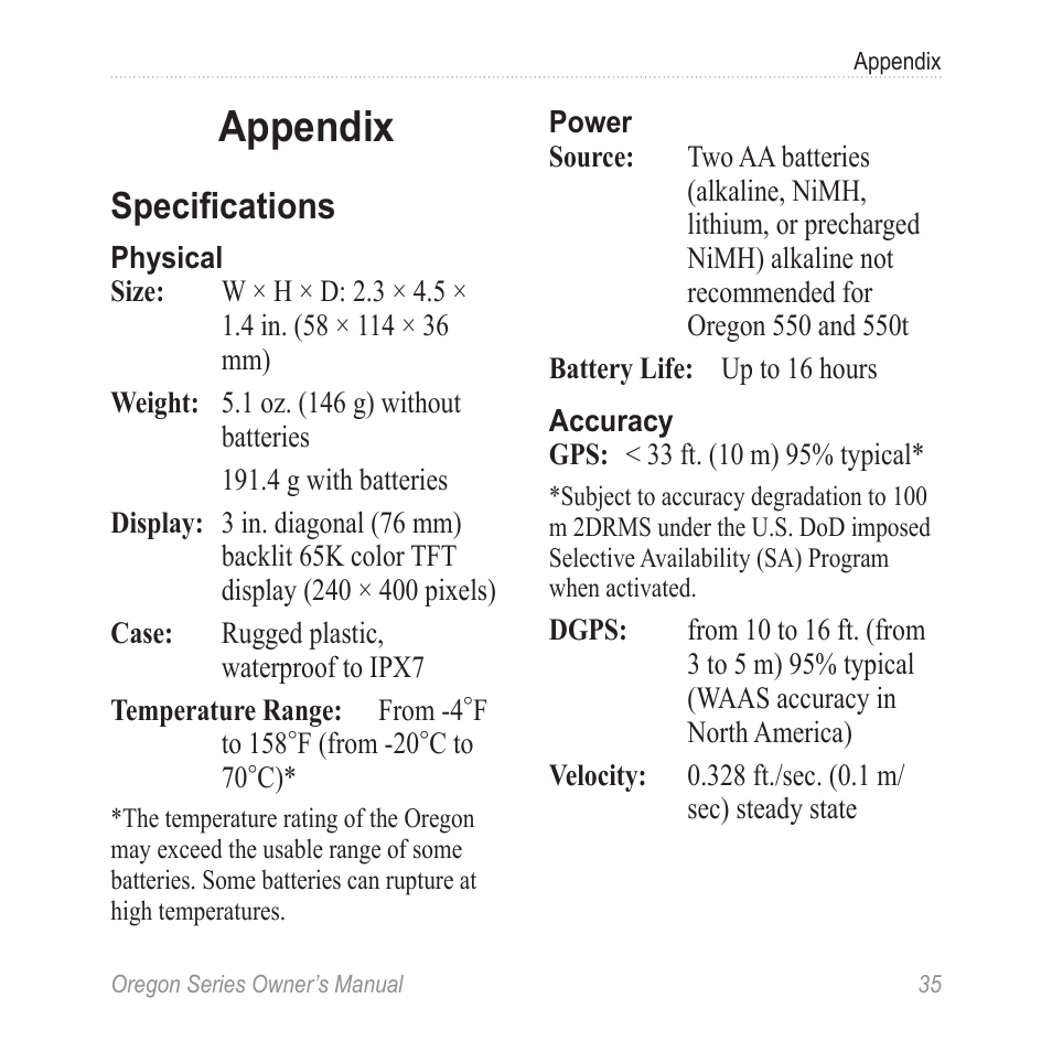 Appendix, Specifications | Garmin Oregon 450 User Manual | Page 41 / 52