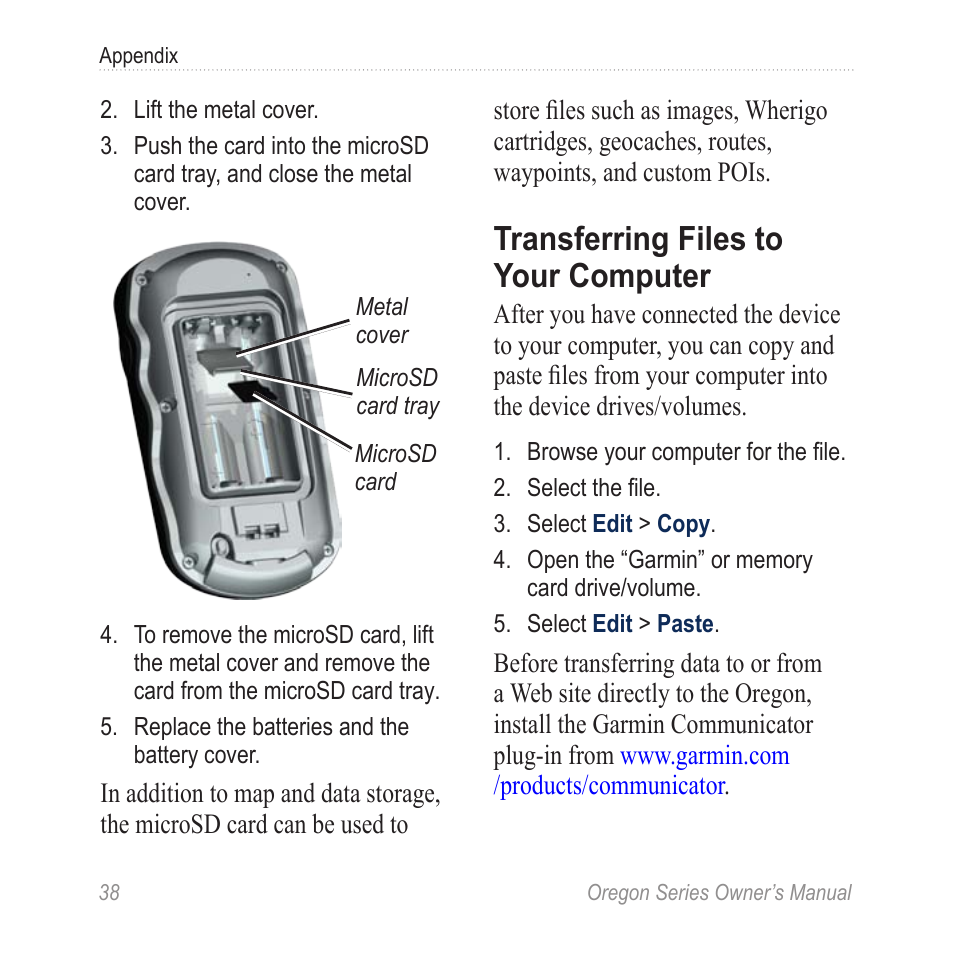 Transferring files to your, Computer, Transferring files to your computer | Garmin Oregon 450 User Manual | Page 44 / 52