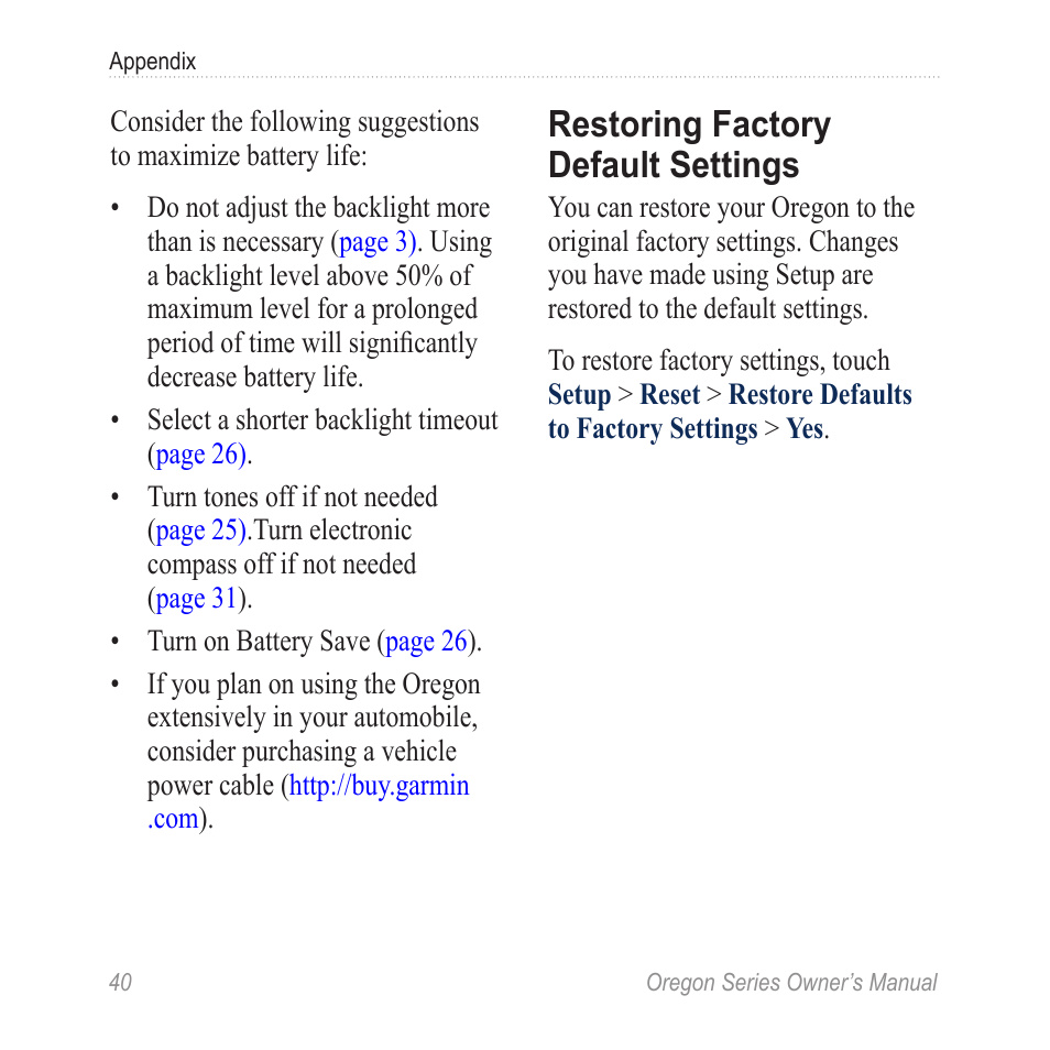 Restoring factory default, Settings, Restoring factory default settings | Garmin Oregon 450 User Manual | Page 46 / 52