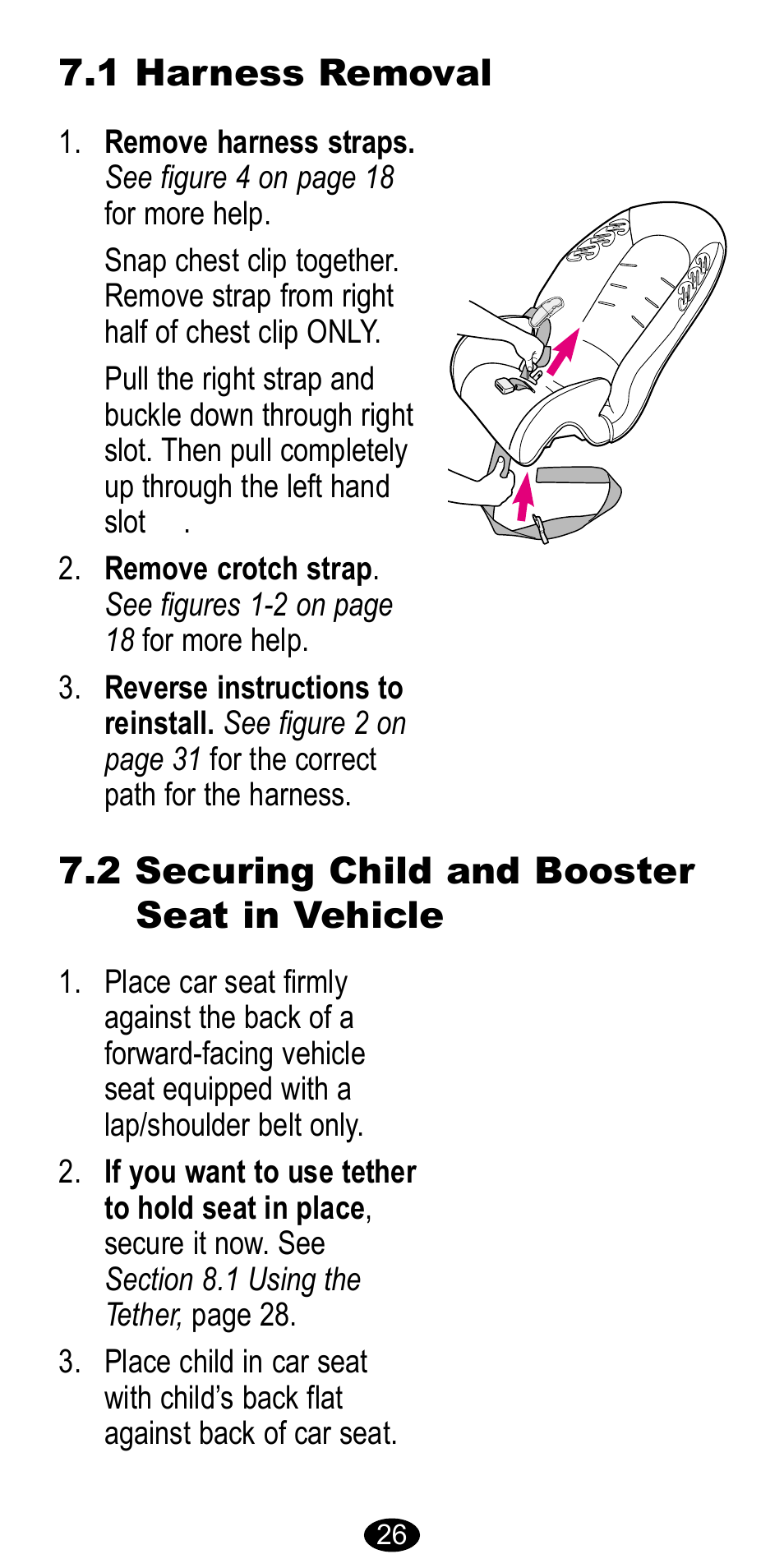 1 harness removal, 2 securing child and booster seat in vehicle | Graco CarGo 8485 User Manual | Page 26 / 68