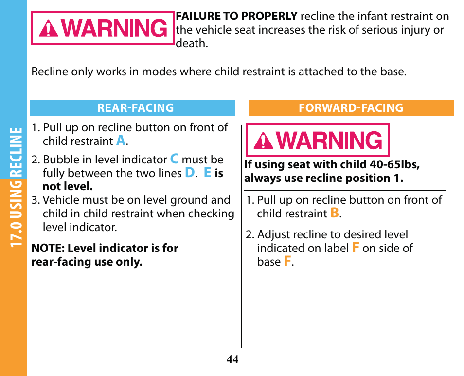 0 using recline | Graco SMART SEAT PD163434A User Manual | Page 44 / 60