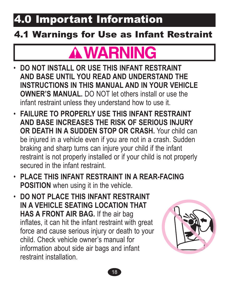 0 important information, 1 warnings for use as infant restraint | Graco 1755755 User Manual | Page 54 / 132