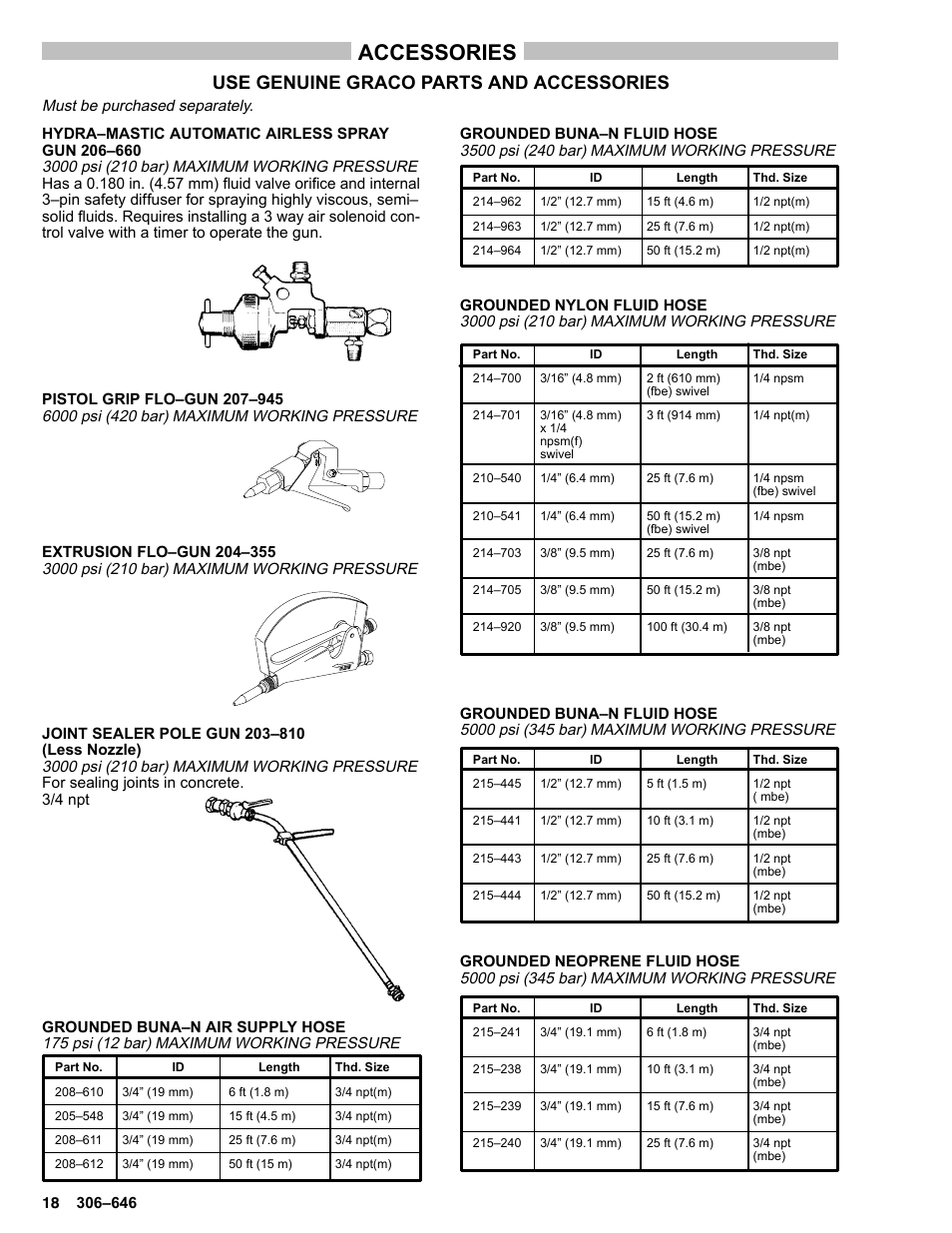 Accessories, Use genuine graco parts and accessories | Graco BULLDOG 222248 User Manual | Page 18 / 20