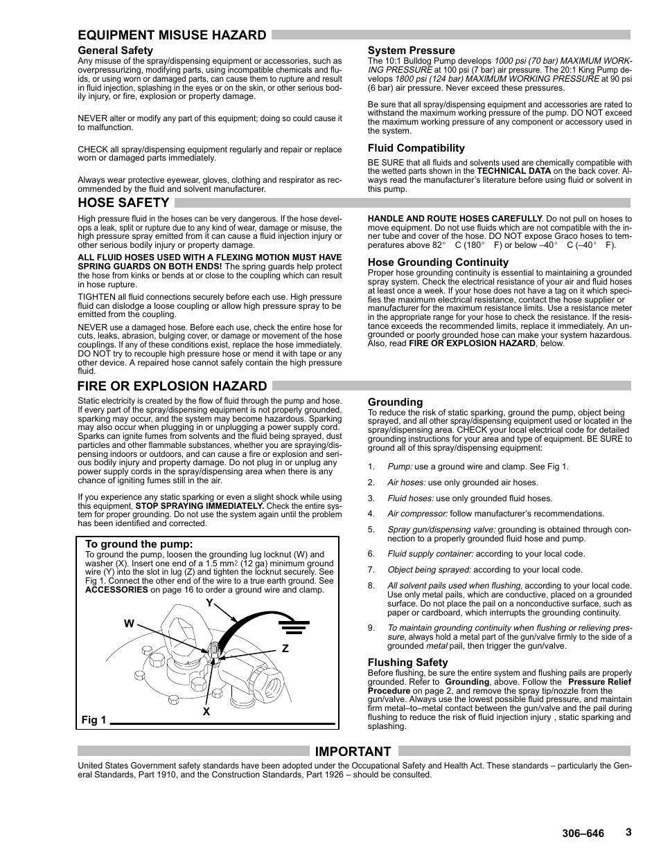 Equipment misuse hazard, Hose safety, Fire or explosion hazard | Important | Graco BULLDOG 222248 User Manual | Page 3 / 20