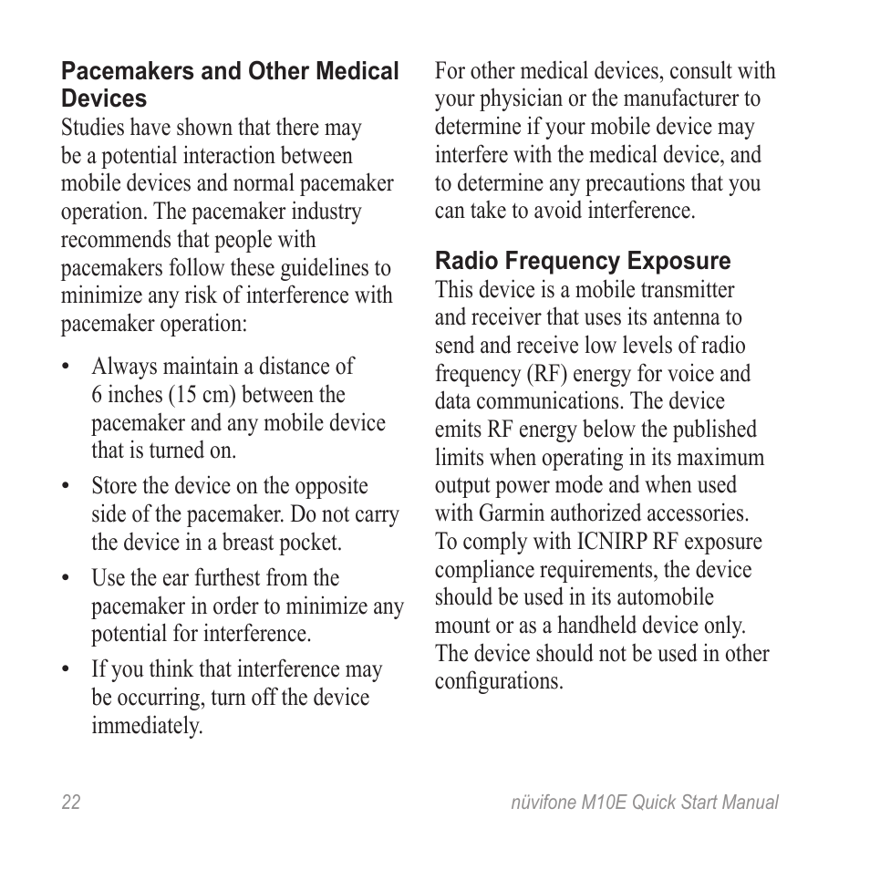 Pacemakers and other medical devices, Radio frequency exposure | Graco nuvifone M10E User Manual | Page 22 / 28