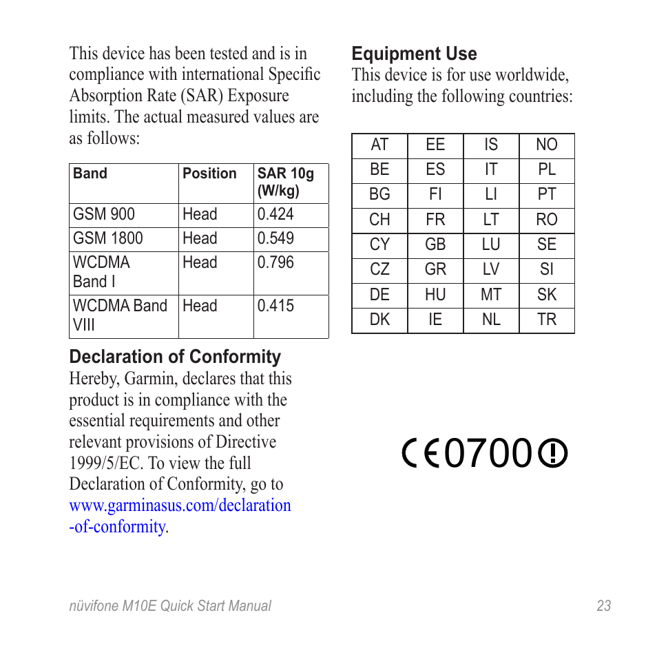 Declaration of conformity, Equipment use | Graco nuvifone M10E User Manual | Page 23 / 28