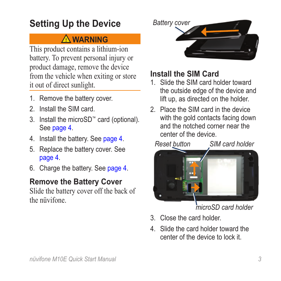 Setting up the device, Remove the battery cover, Install the sim card | Graco nuvifone M10E User Manual | Page 3 / 28