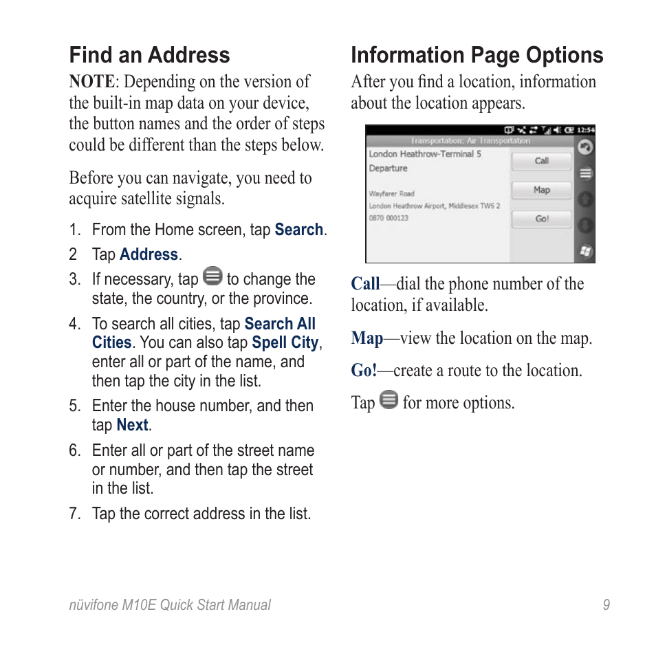 Find an address, Information page options | Graco nuvifone M10E User Manual | Page 9 / 28