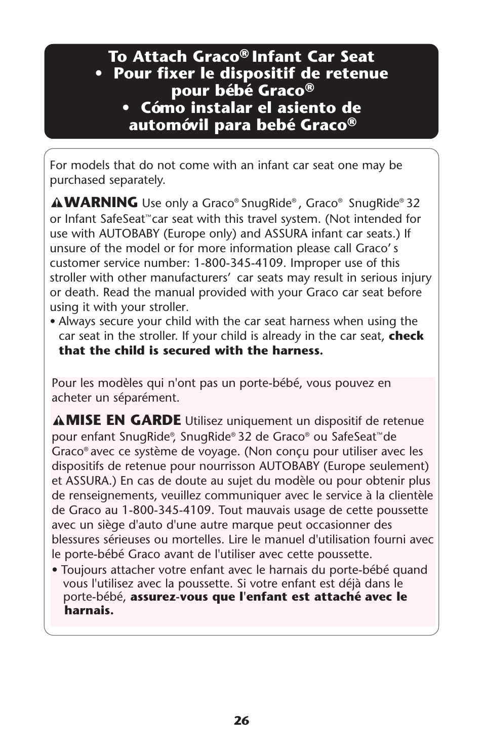 Mise en garde, Warning | Graco Alano 1751552 User Manual | Page 26 / 112