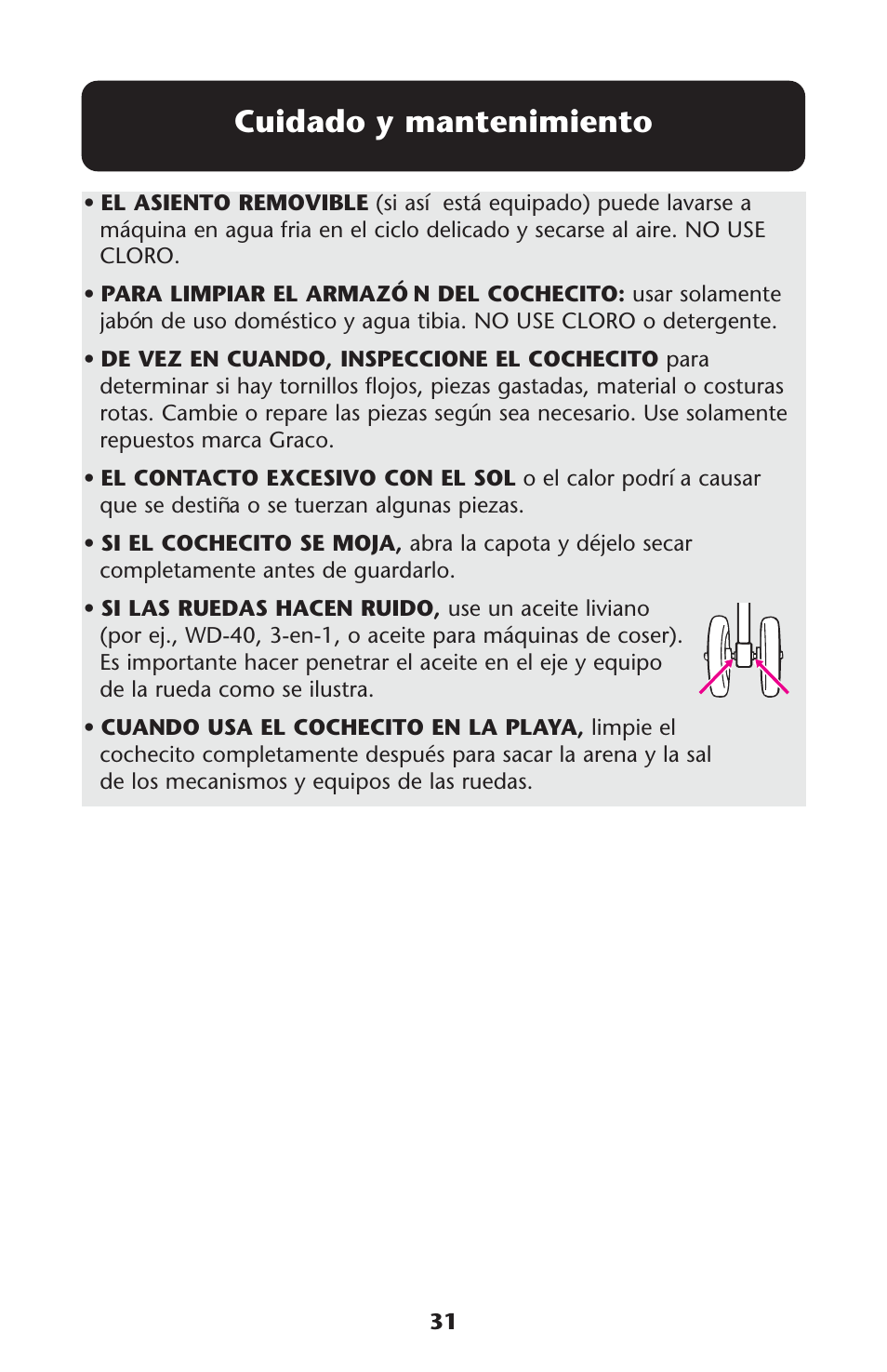 Cuidado y mantenimiento | Graco Alano 1751552 User Manual | Page 31 / 112