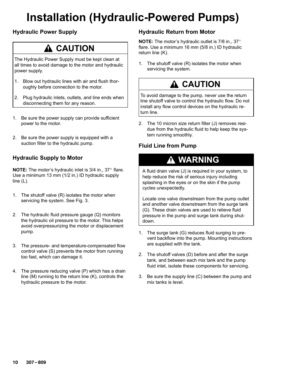 Installation (hydraulic-powered pumps), Caution, Warning | Graco HIGH-FLO 220-569 User Manual | Page 10 / 48