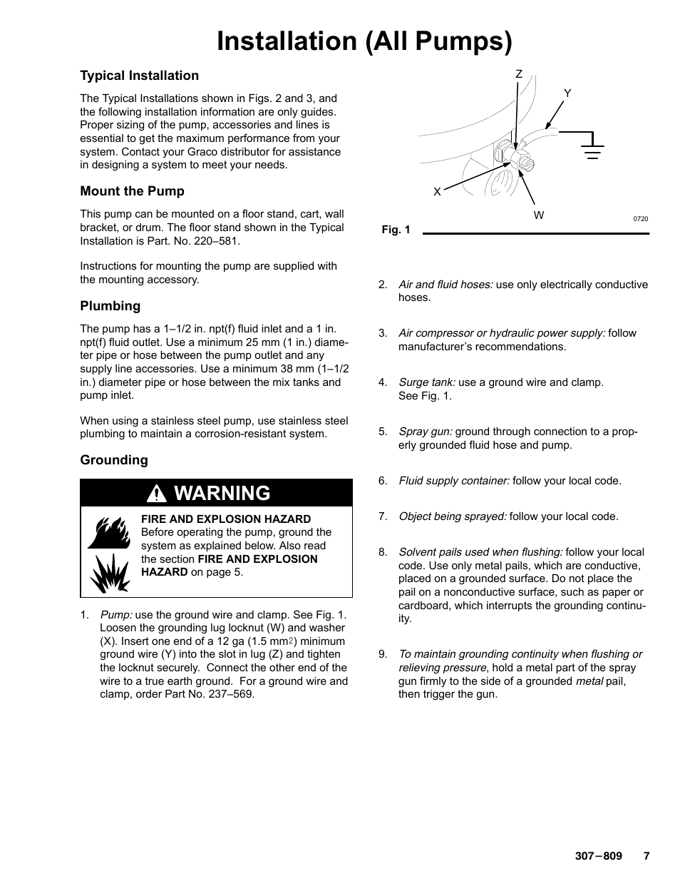 Installation (all pumps), Warning | Graco HIGH-FLO 220-569 User Manual | Page 7 / 48