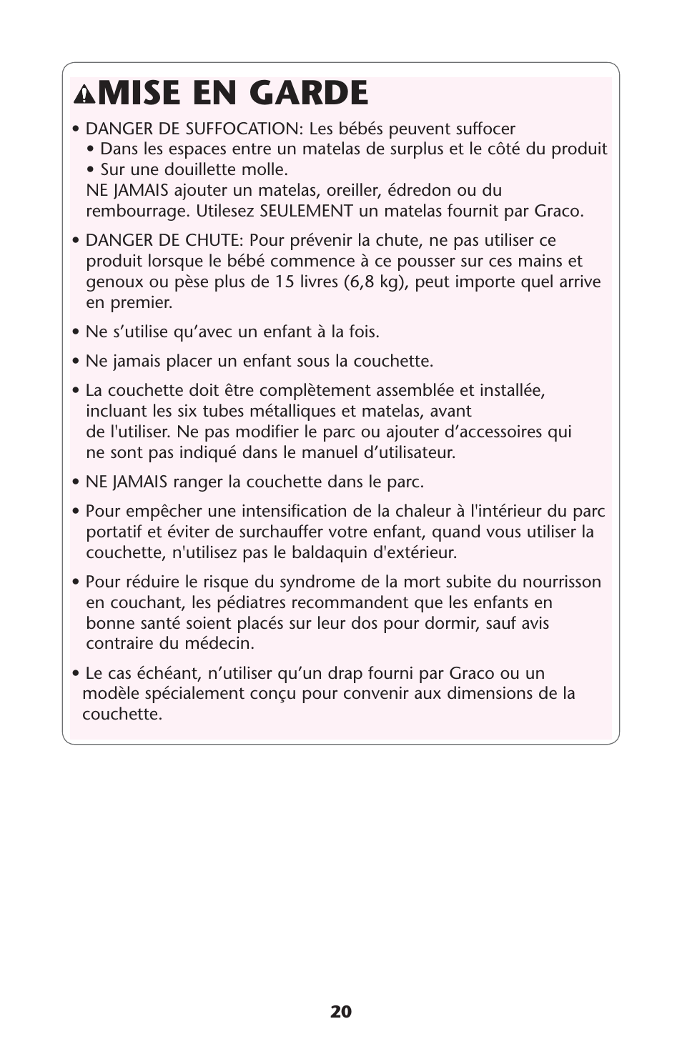Mise en garde | Graco 1756488 User Manual | Page 20 / 40