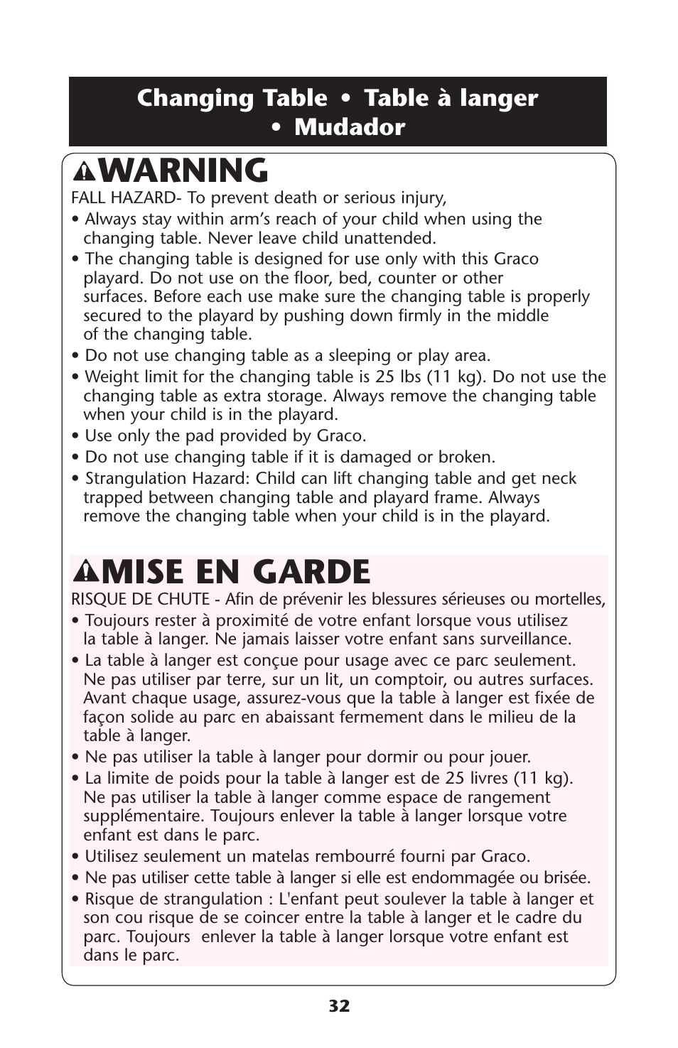 Mise en garde, Warning, Hanging s | Graco 1756488 User Manual | Page 32 / 40