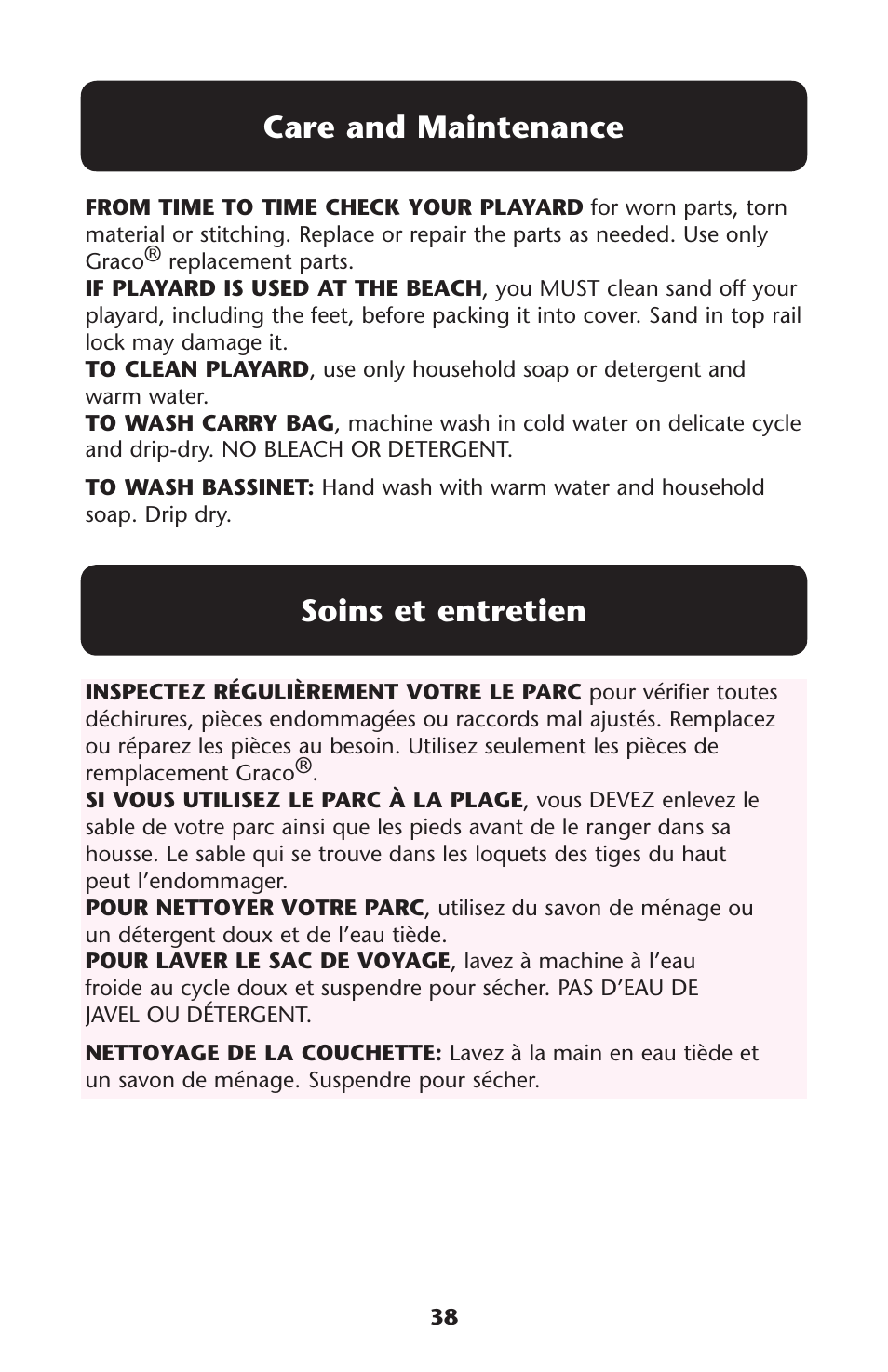 Care and maintenance soins et entretien | Graco 1756488 User Manual | Page 38 / 40