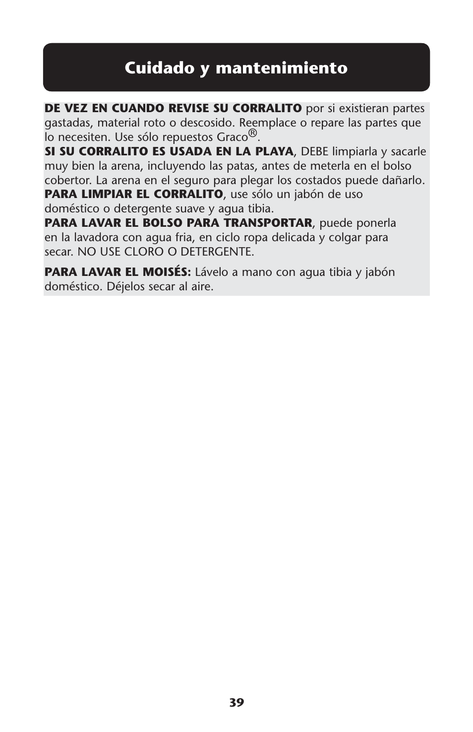 Cuidado y mantenimiento | Graco 1756488 User Manual | Page 39 / 40