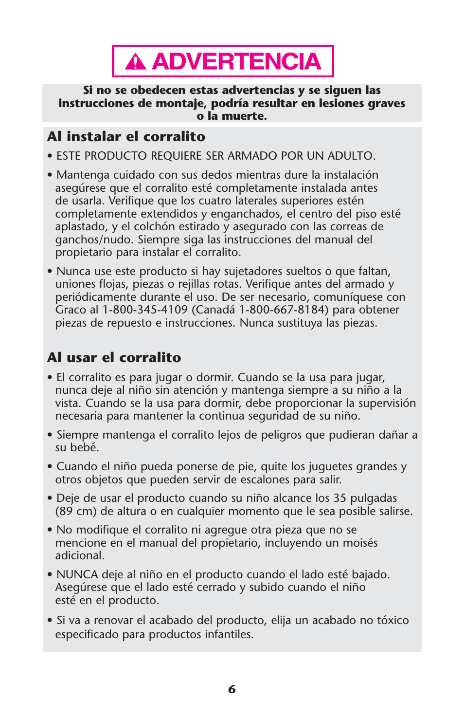 Al instalar el corralito, Al usar el corralito | Graco 1756488 User Manual | Page 6 / 40
