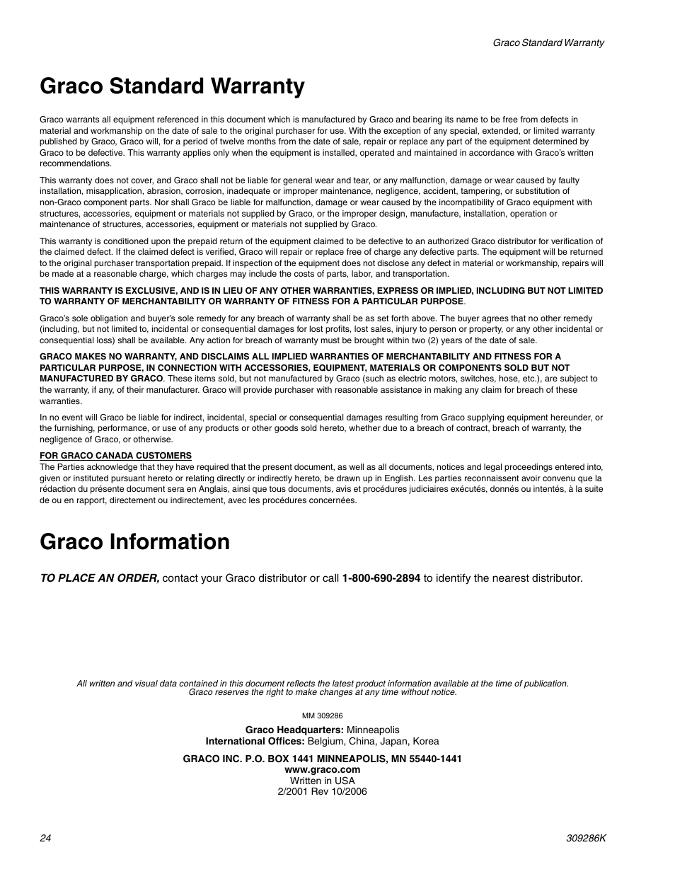 Graco standard warranty, Graco information | Graco 2730H User Manual | Page 24 / 24