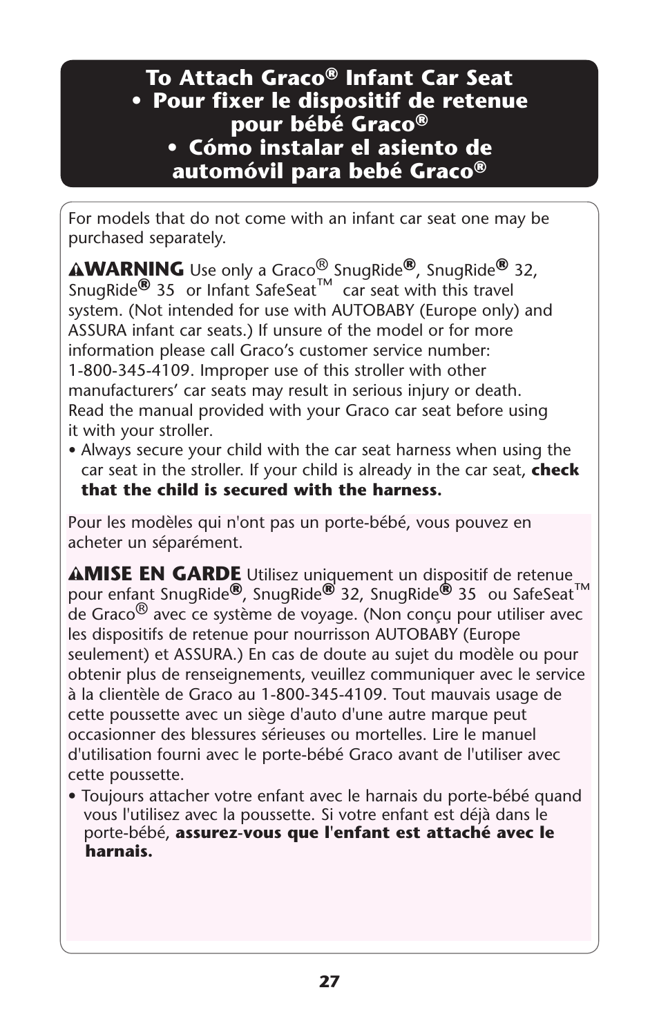 S pour, Sautomøvil | Graco MetroLite 1763281 User Manual | Page 27 / 40