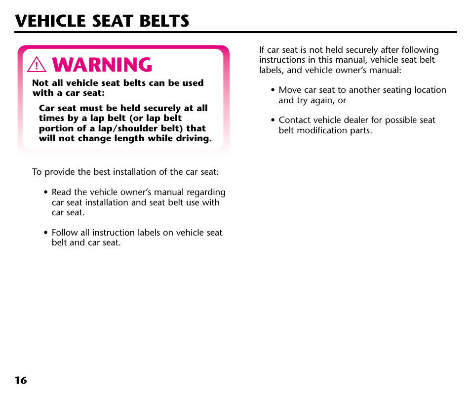 Warning, Vehicle seat belts | Graco Baby Seat User Manual | Page 18 / 28