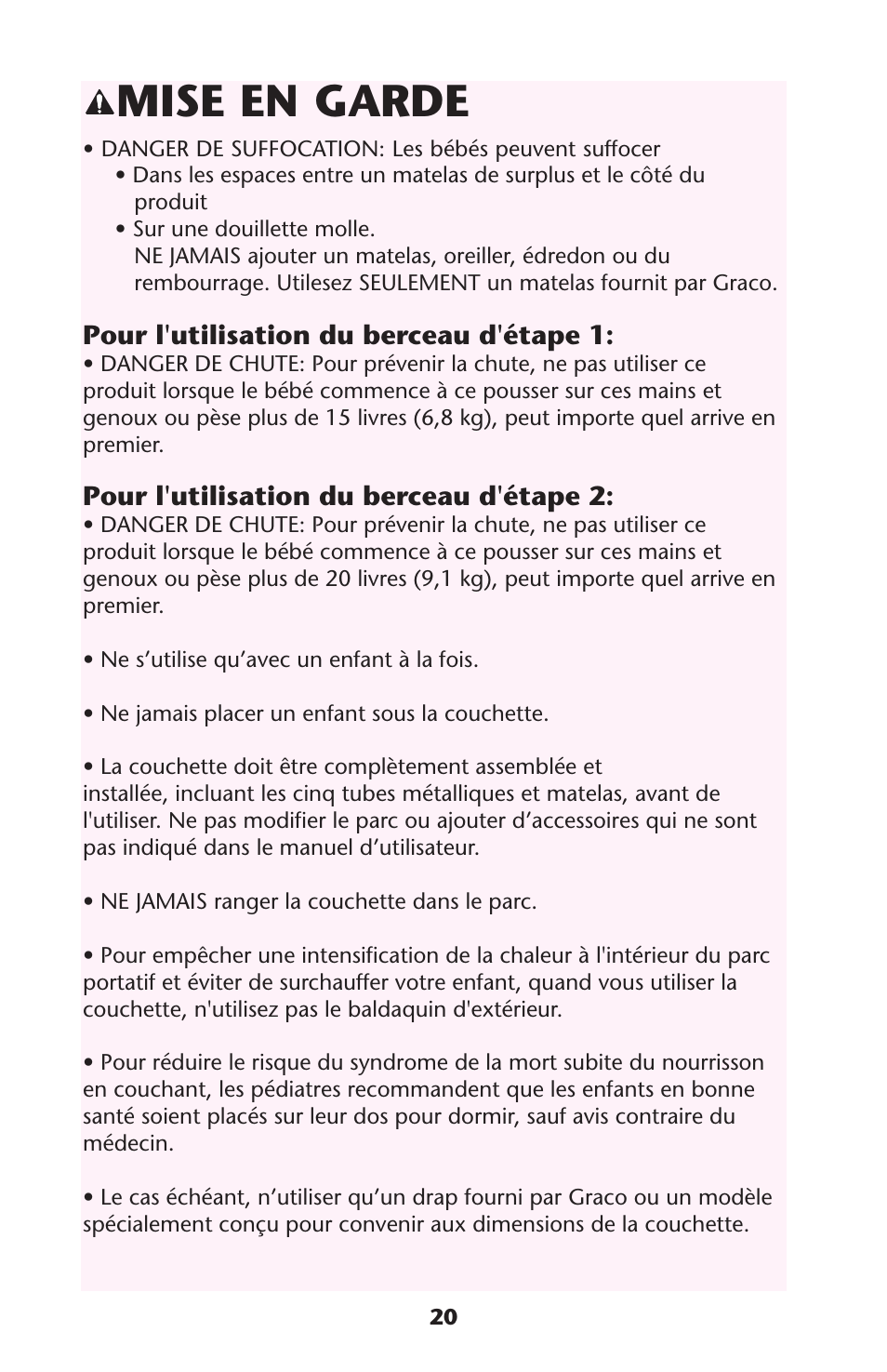 Mise en garde | Graco Travel Lite PD114224B User Manual | Page 20 / 32