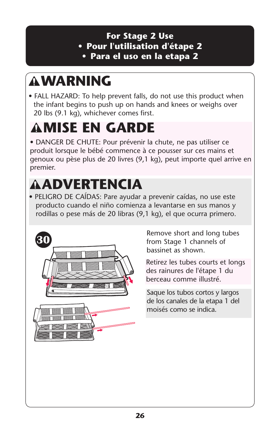 Warning, Mise en garde, Advertencia | Graco Travel Lite PD114224B User Manual | Page 26 / 32