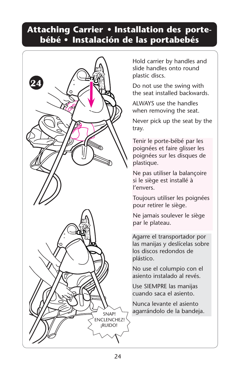 Ttaching bïbï | Graco Swing 'N Bounce 1764336 User Manual | Page 24 / 52
