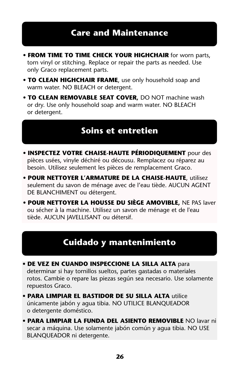 Care and maintenance, Soins et entretien cuidado y mantenimiento | Graco HARMONY High Chair User Manual | Page 26 / 32