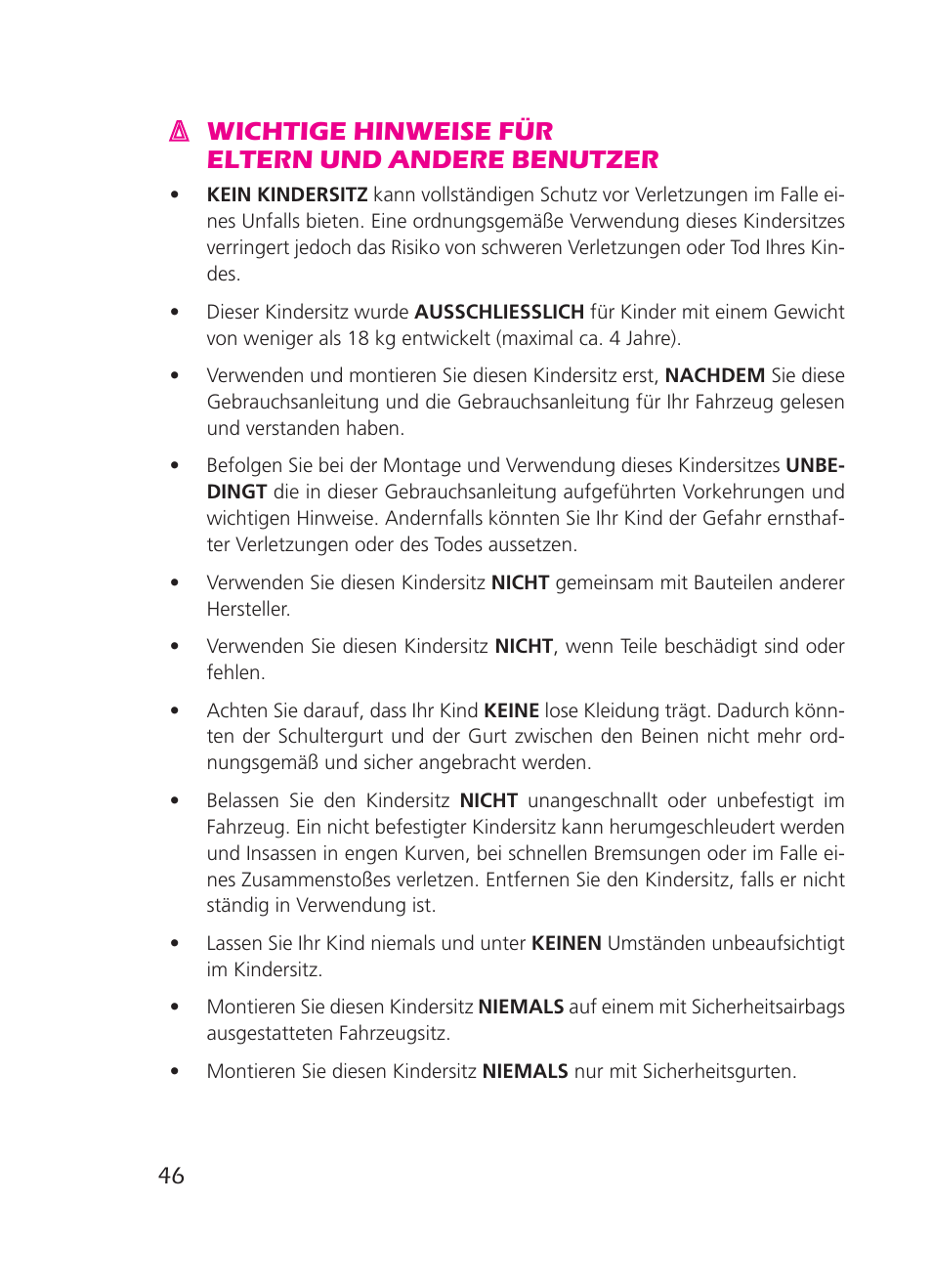Wichtige hinweise für eltern und andere benutzer | Graco 8H98 User Manual | Page 46 / 140
