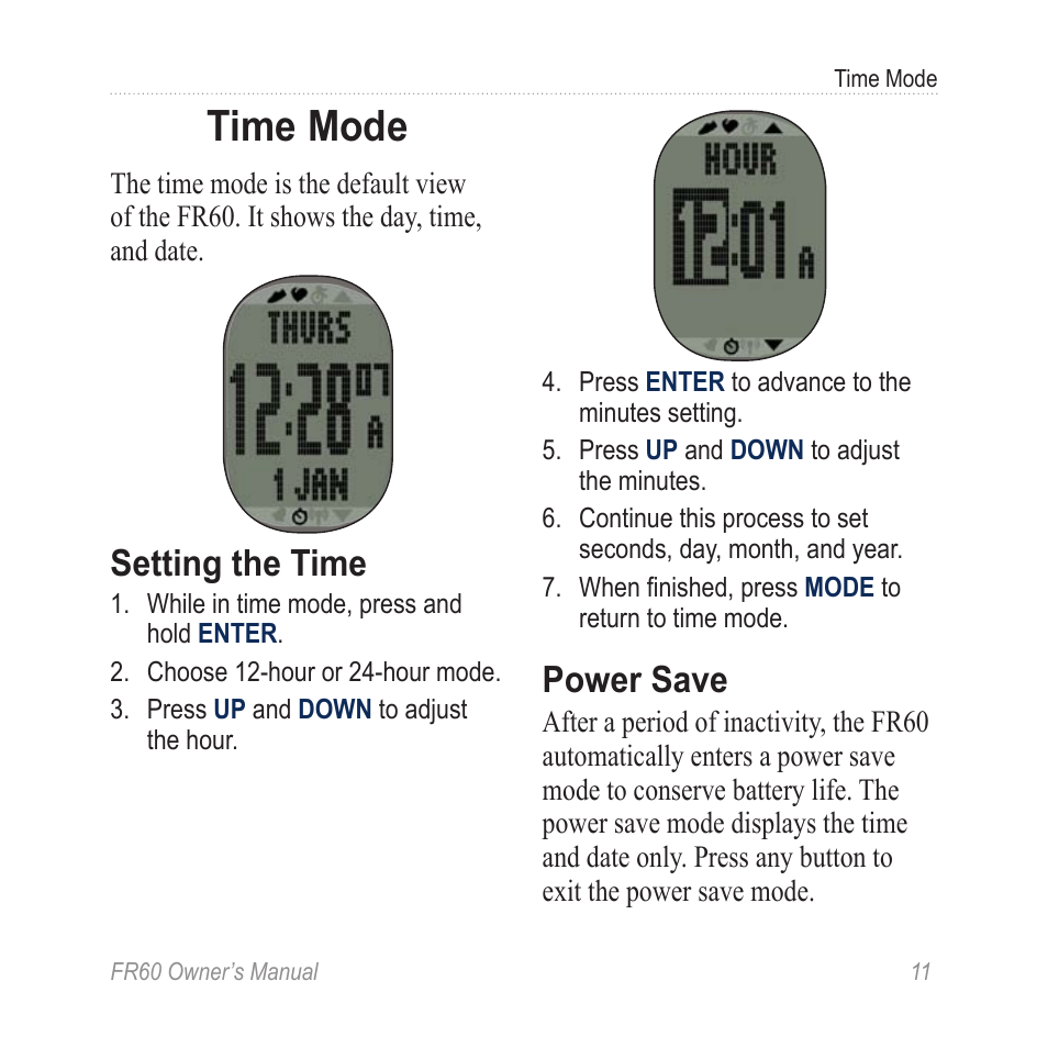 Time mode, Setting the time, Power save | Graco FR60 User Manual | Page 17 / 48