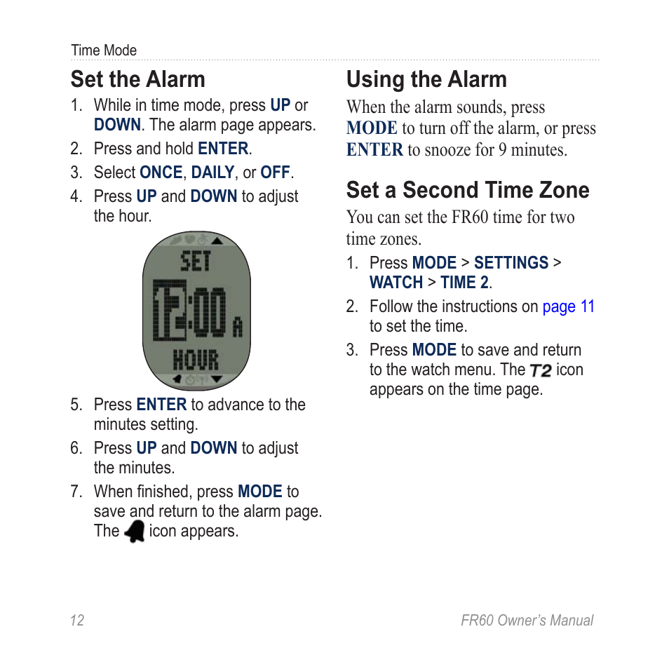 Set the alarm, Using the alarm, Set a second time zone | Graco FR60 User Manual | Page 18 / 48