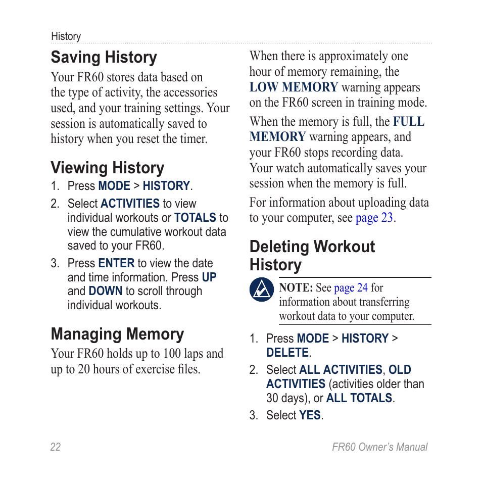 Saving history, Viewing history, Managing memory | Deleting workout history | Graco FR60 User Manual | Page 28 / 48