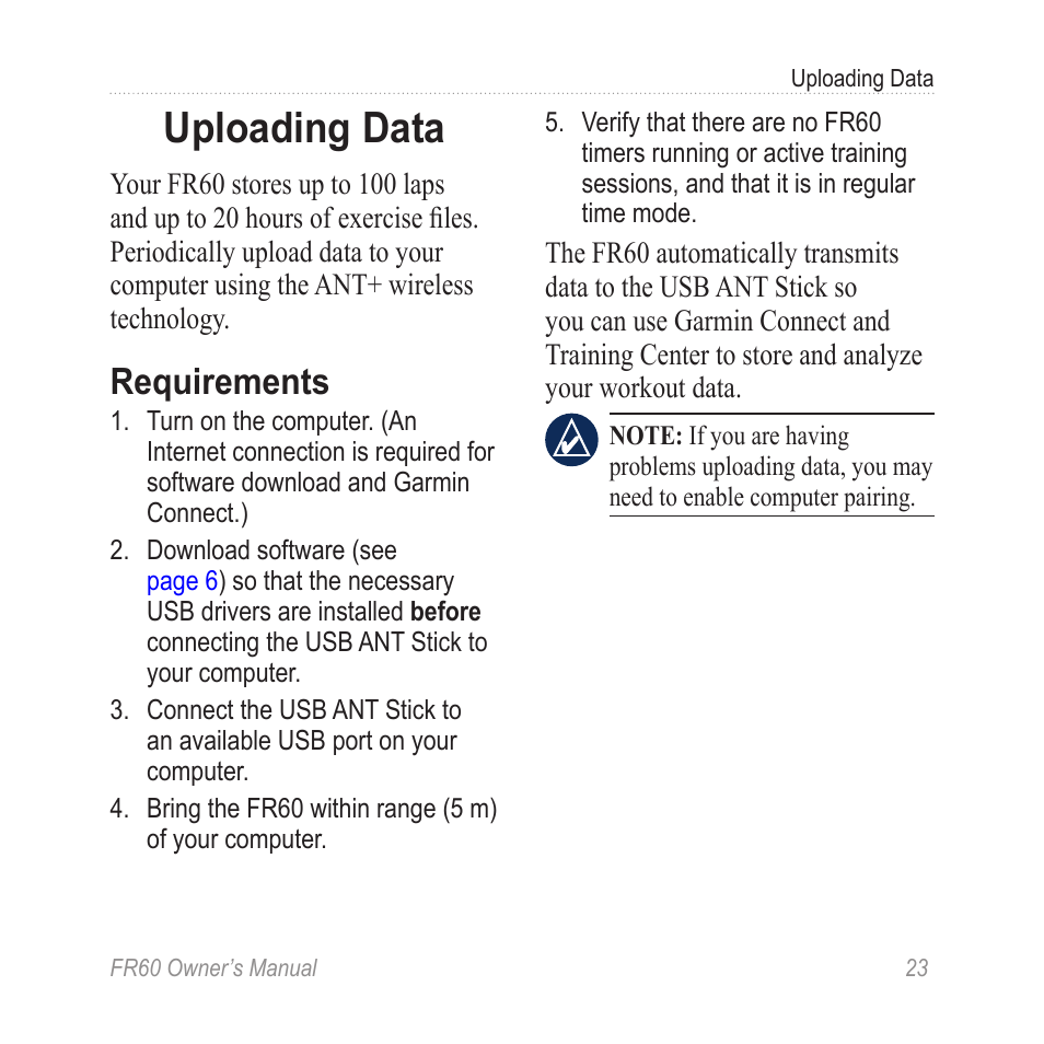 Uploading data, Requirements | Graco FR60 User Manual | Page 29 / 48