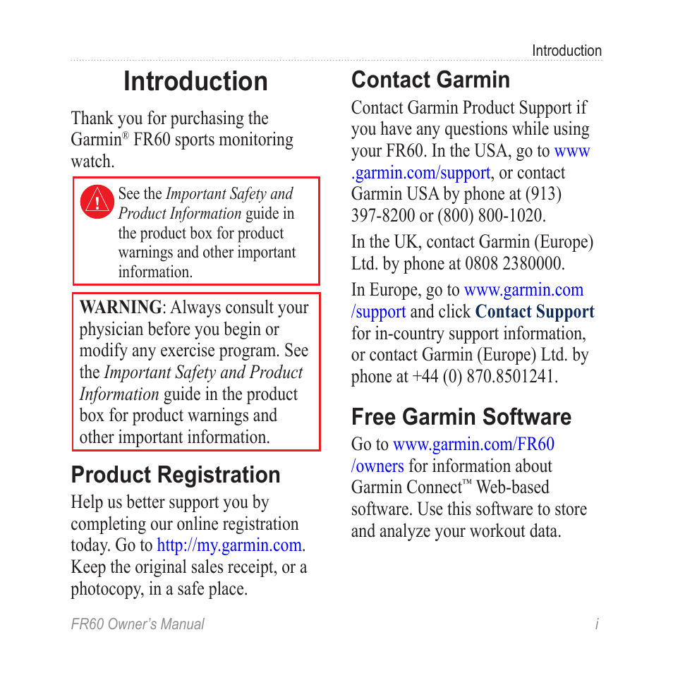 Introduction, Product registration, Contact garmin | Free garmin software | Graco FR60 User Manual | Page 3 / 48