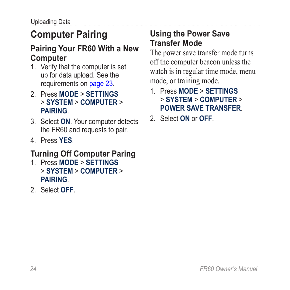 Computer pairing, Information about transferring | Graco FR60 User Manual | Page 30 / 48